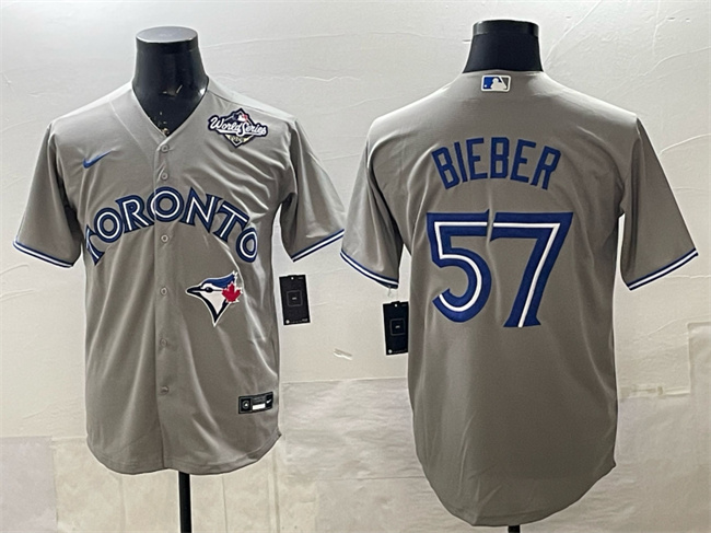 Men's Grey Toronto Blue Jays #57 Shane Bieber 2025 World Series Cool Base Stitched Baseball Jersey